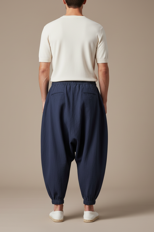 Pantalon Baggy Bleu Marine Coton Lin Ample Décontracté Homme - vue 2