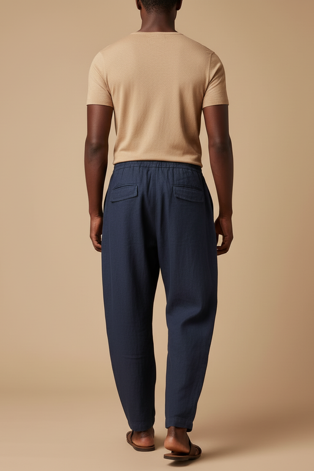 Pantalon Baggy Lin Bleu Marine Ample Décontracté Homme - vue 2