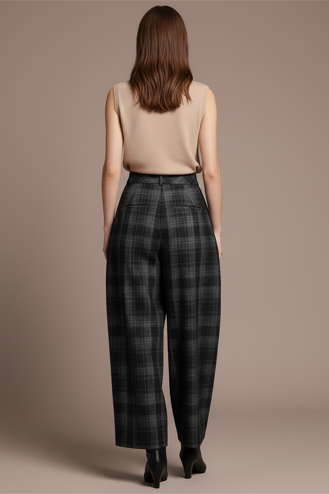 Pantalon Baggy Carreaux Gris Laine Ample Décontracté - vue 2