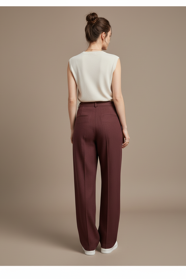 Pantalon Baggy Marron Ample Taille Haute Droit - Bordeaux Laine - vue 2