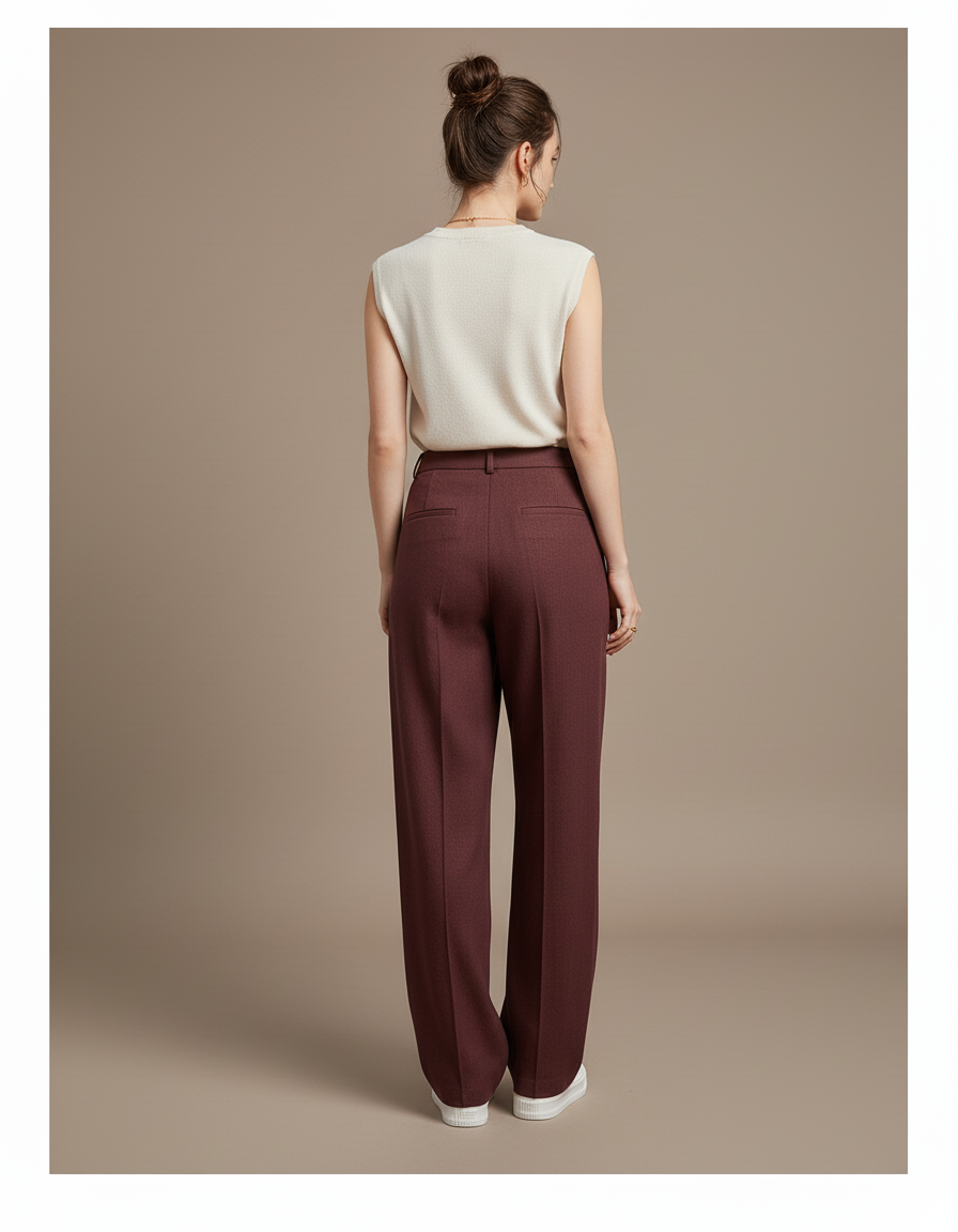 Pantalon Baggy Marron Ample Taille Haute Droit - Bordeaux Laine - vue 2