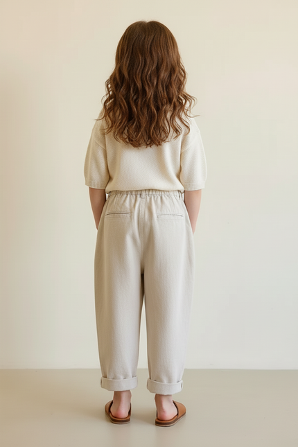 Pantalon Baggy Fille Beige Taille Haute - Lin - vue 2
