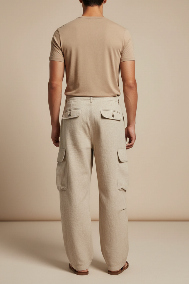 Pantalon Baggy Homme Beige Cargo Toile - Lin - vue 2