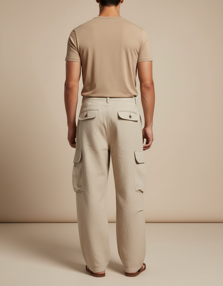Pantalon Baggy Homme Beige Cargo Toile - Lin - vue 2
