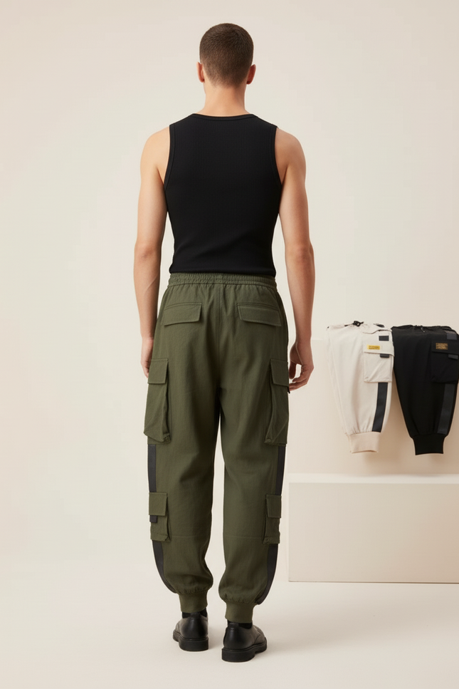 Pantalon Baggy Vert Kaki Cargo Multi-Poches Décontracté Homme - Toile - vue 2