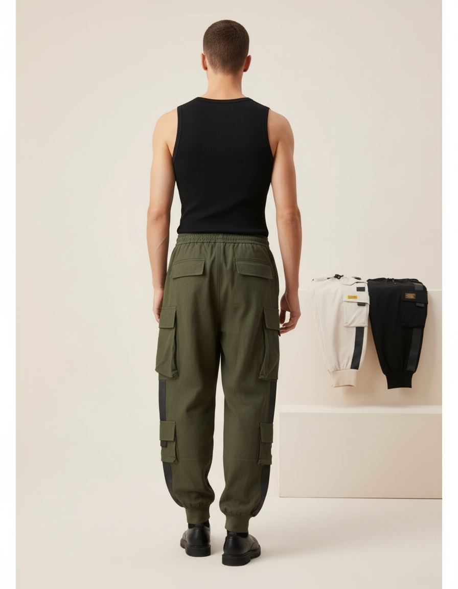 Pantalon Baggy Vert Kaki Cargo Multi-Poches Décontracté Homme - Toile - vue 2