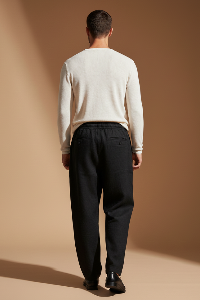Pantalon Baggy Noir Lin Ample Imprimé Cordon Homme - vue 2