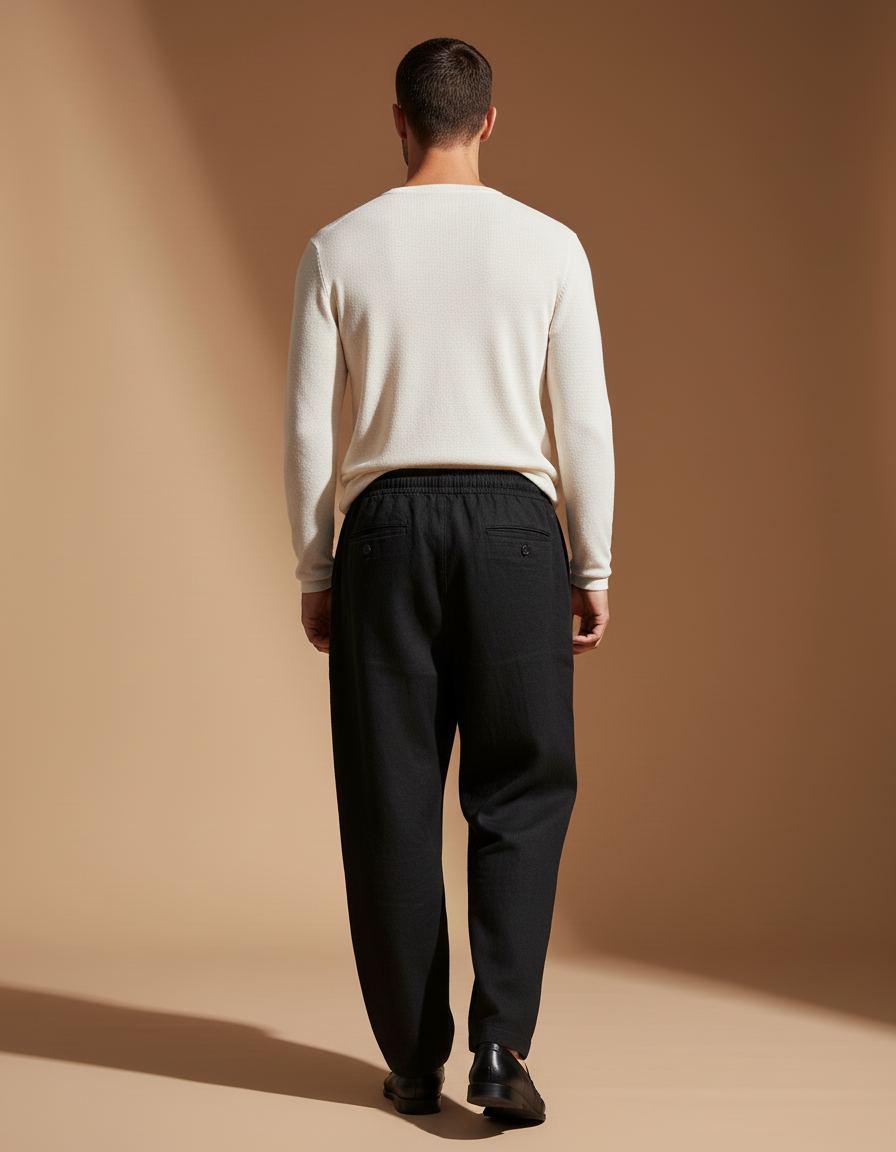 Pantalon Baggy Noir Lin Ample Imprimé Cordon Homme - vue 2