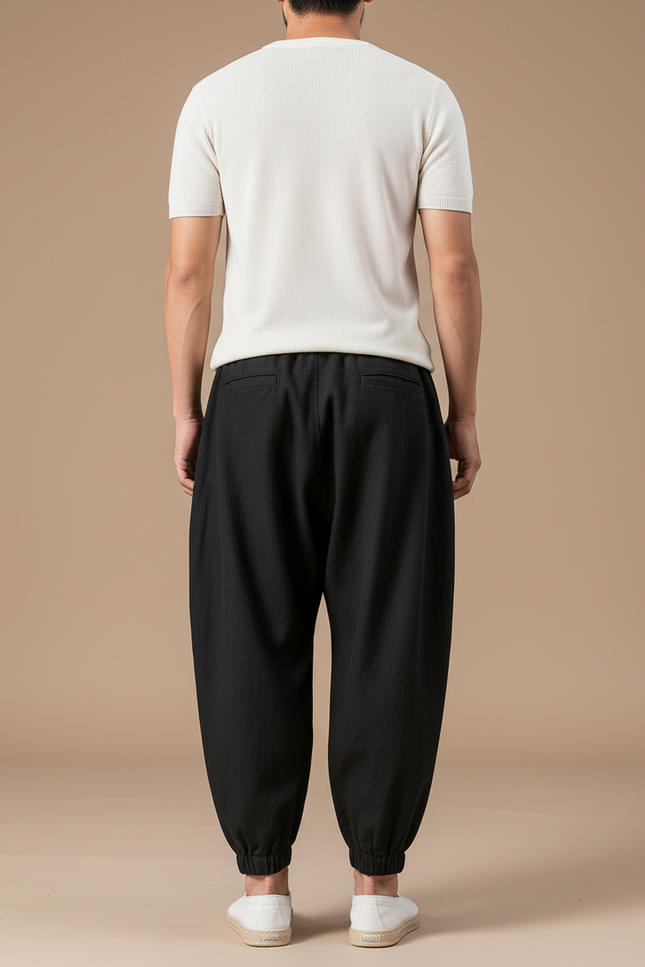 Pantalon Baggy Noir Lin Plissé Cordon Rouge Homme - vue 2