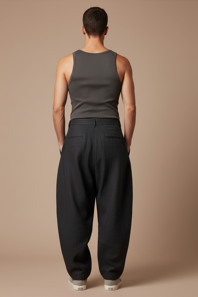 Pantalon Baggy Noir Lin Plissé Ample Homme Décontracté - vue 2