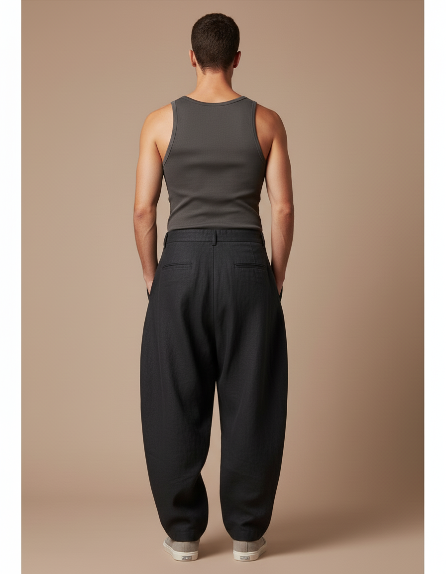 Pantalon Baggy Noir Lin Plissé Ample Homme Décontracté - vue 2