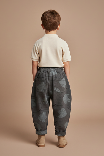 Pantalon Baggy Gris Coton Ample Motifs Cœurs Enfant - Molleton - vue 2
