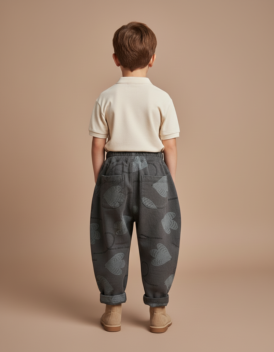 Pantalon Baggy Gris Coton Ample Motifs Cœurs Enfant - Molleton - vue 2