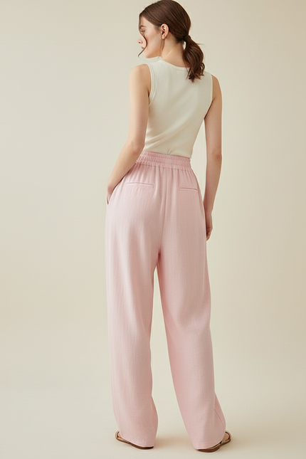 Pantalon Baggy Rose Fluide Ample Taille Haute Femme - Lin - vue 2