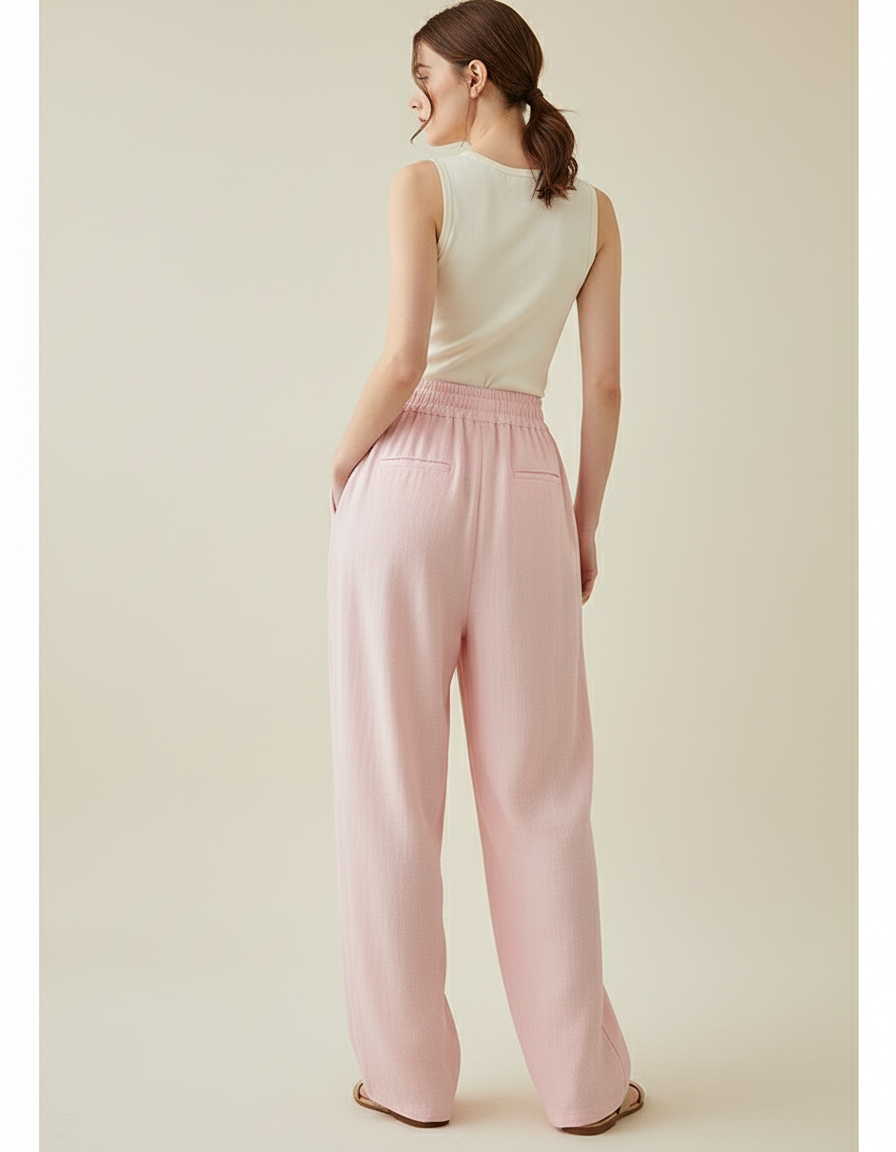 Pantalon Baggy Rose Fluide Ample Taille Haute Femme - Lin - vue 2