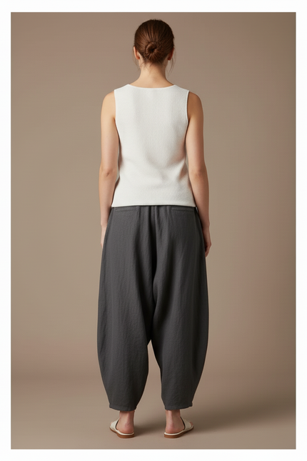 Pantalon Baggy Gris Lin Ample Élastique Femme - vue 2