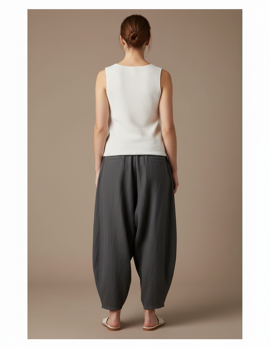 Pantalon Baggy Gris Lin Ample Élastique Femme - vue 2
