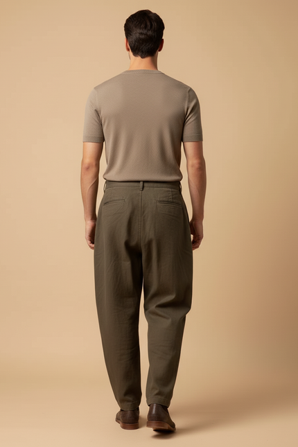 Pantalon Baggy Vert Olive Ample Lin Plissé Décontracté - Kaki - vue 2