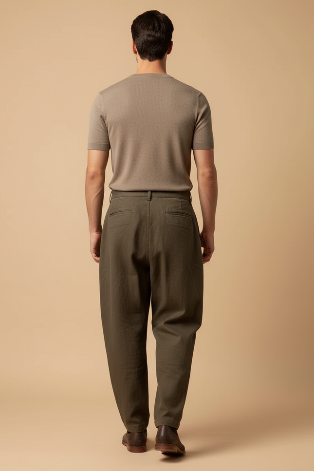 Pantalon Baggy Vert Olive Ample Lin Plissé Décontracté - Kaki - vue 2