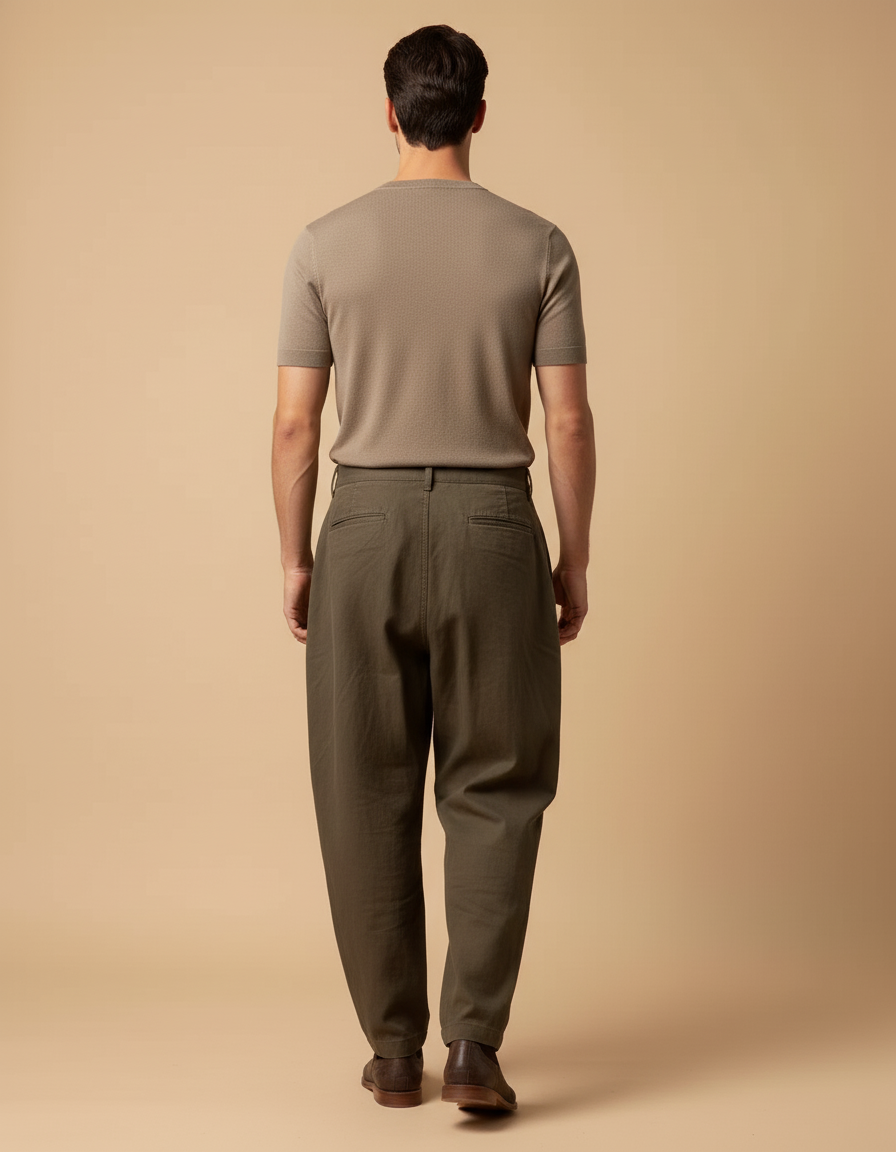 Pantalon Baggy Vert Olive Ample Lin Plissé Décontracté - Kaki - vue 2