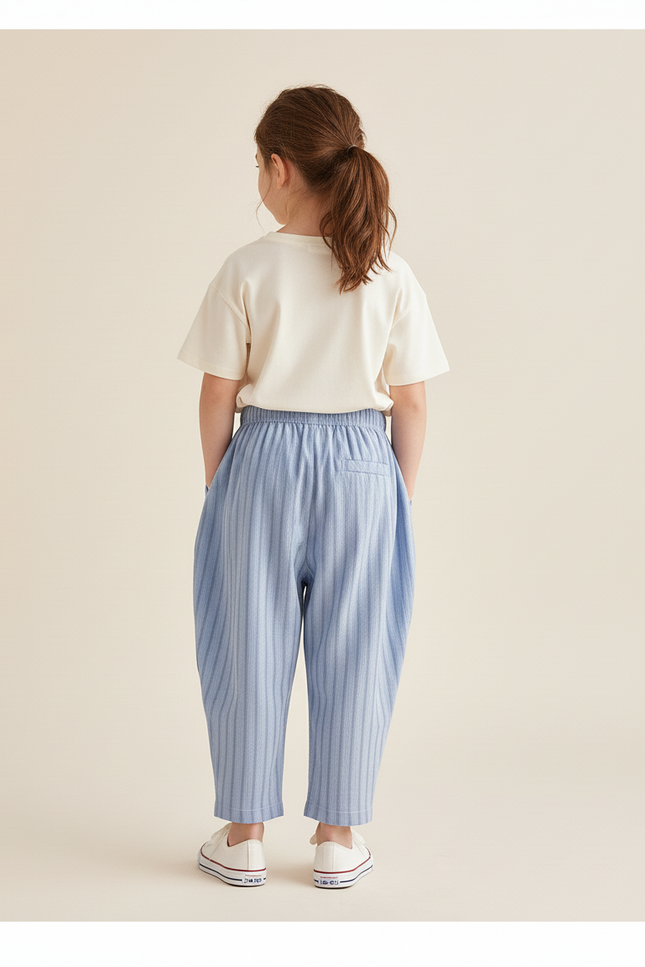 Pantalon Baggy Bleu Ciel Rayé Coton Ample Enfant - vue 2