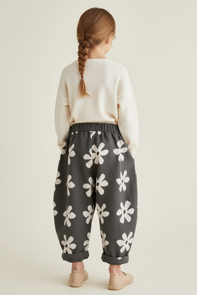 Pantalon Baggy Gris Fleuri Ample Coton Enfant - vue 2