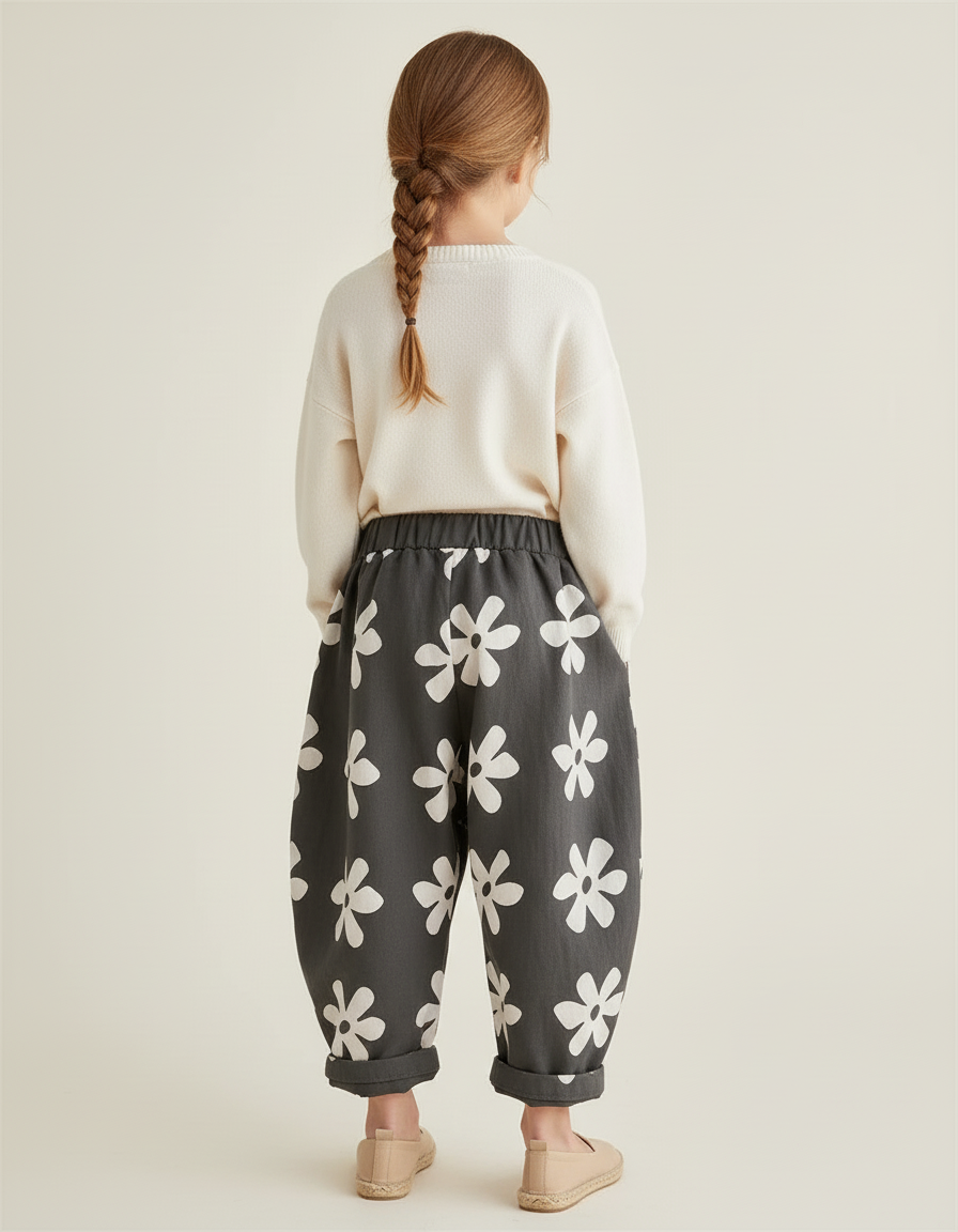 Pantalon Baggy Gris Fleuri Ample Coton Enfant - vue 2