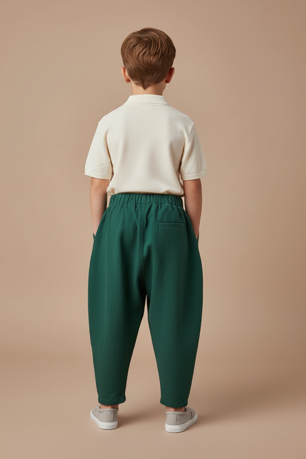 Pantalon Baggy Vert Ample Coton Plissé Décontracté - vue 2