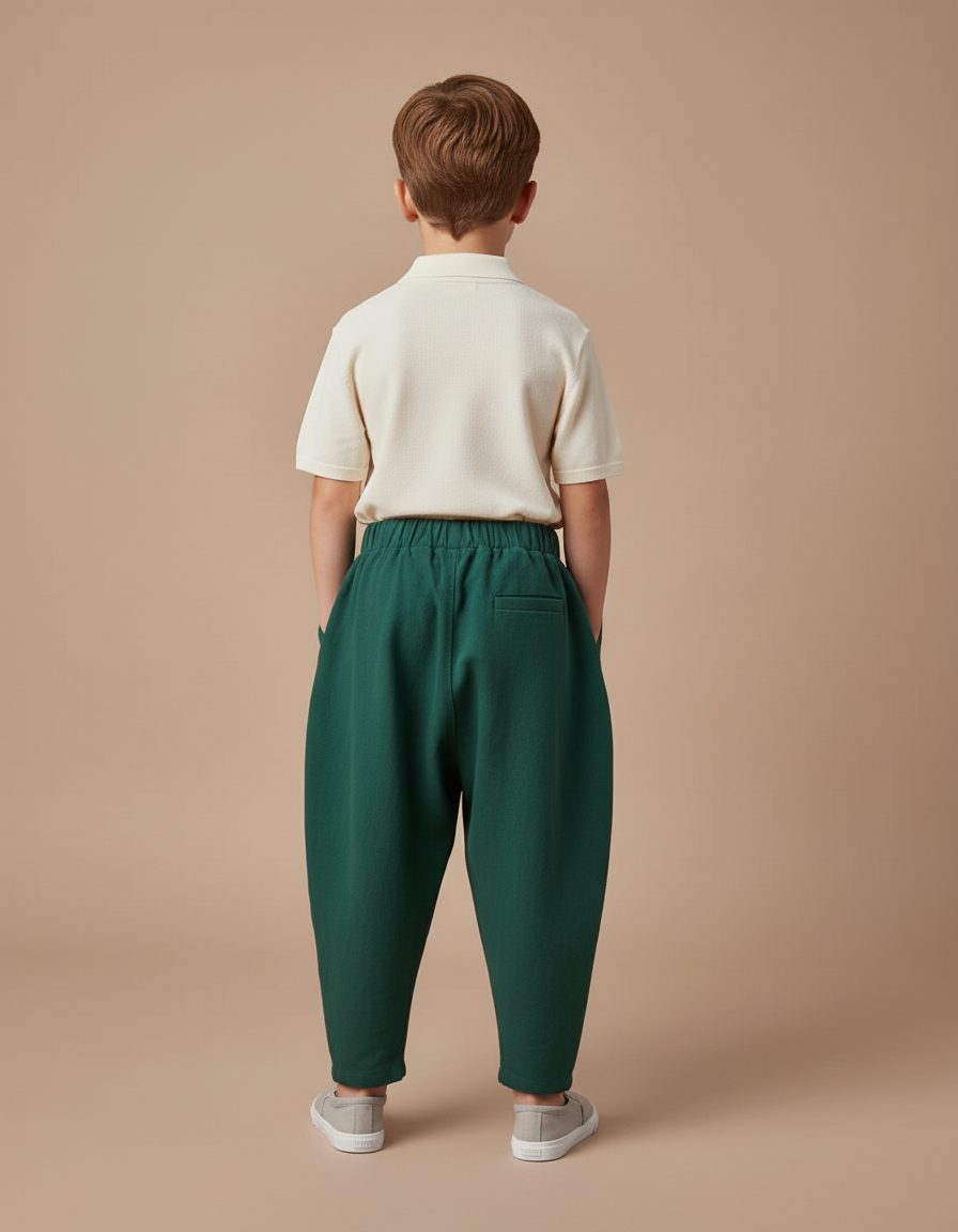 Pantalon Baggy Vert Ample Coton Plissé Décontracté - vue 2