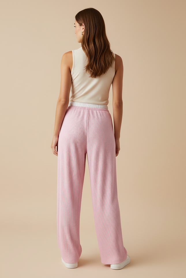 Pantalon Baggy Rose Plissé Fluide Décontracté Femme - Maille - vue 2