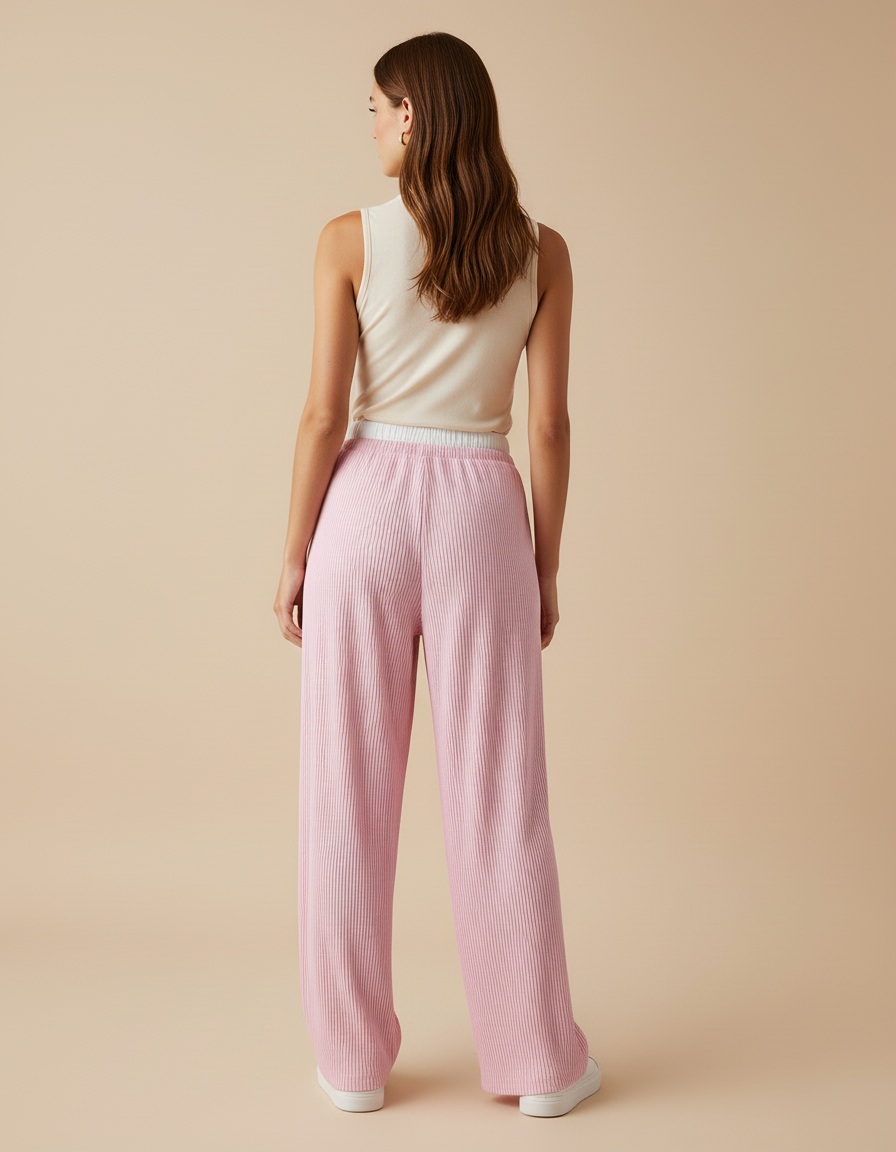 Pantalon Baggy Rose Plissé Fluide Décontracté Femme - Maille - vue 2