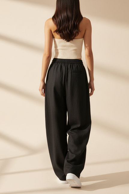 Pantalon Baggy Noir Ample Fluide Cordon Streetwear - Lin - vue 2