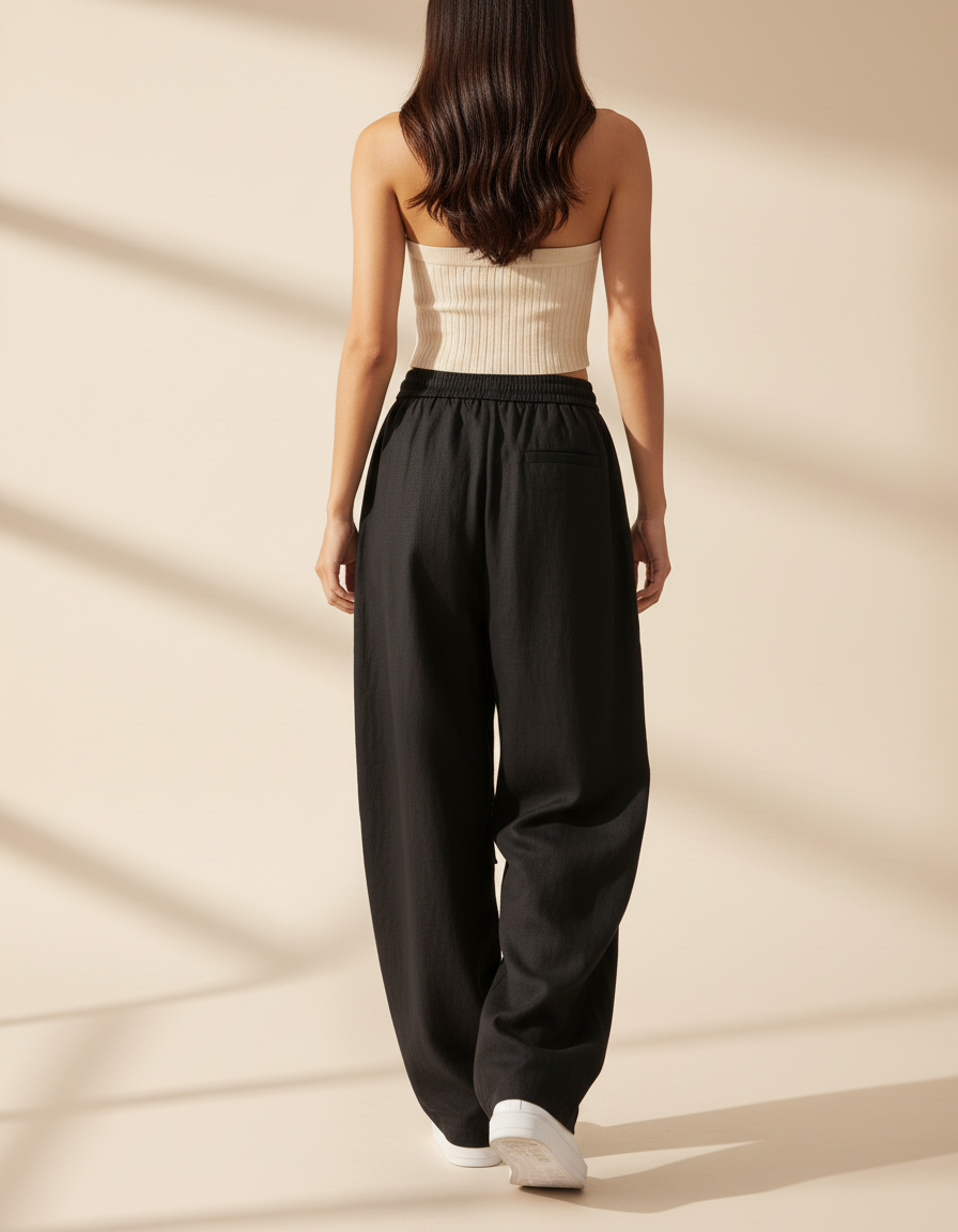 Pantalon Baggy Noir Ample Fluide Cordon Streetwear - Lin - vue 2