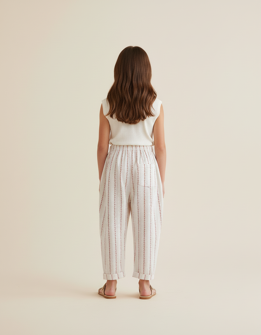 Pantalon Baggy Blanc Rayures Brique Coton Ample Enfant - vue 2