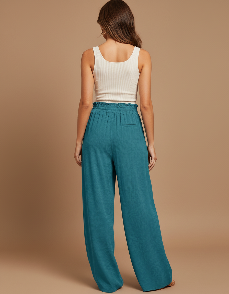 Pantalon Baggy Fluide Vert Émeraude Taille Haute Femme - Viscose - vue 2
