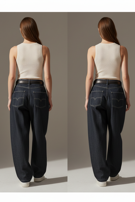 Pantalon Baggy Jean Denim Ample Taille Haute - Marine - vue 2