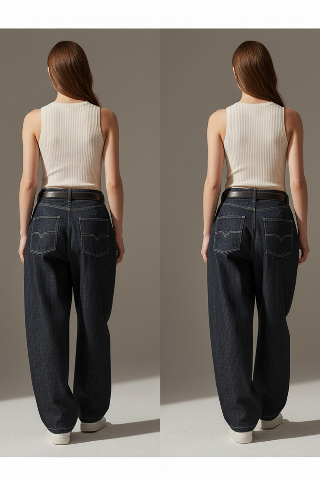 Pantalon Baggy Jean Denim Ample Taille Haute - Marine - vue 2