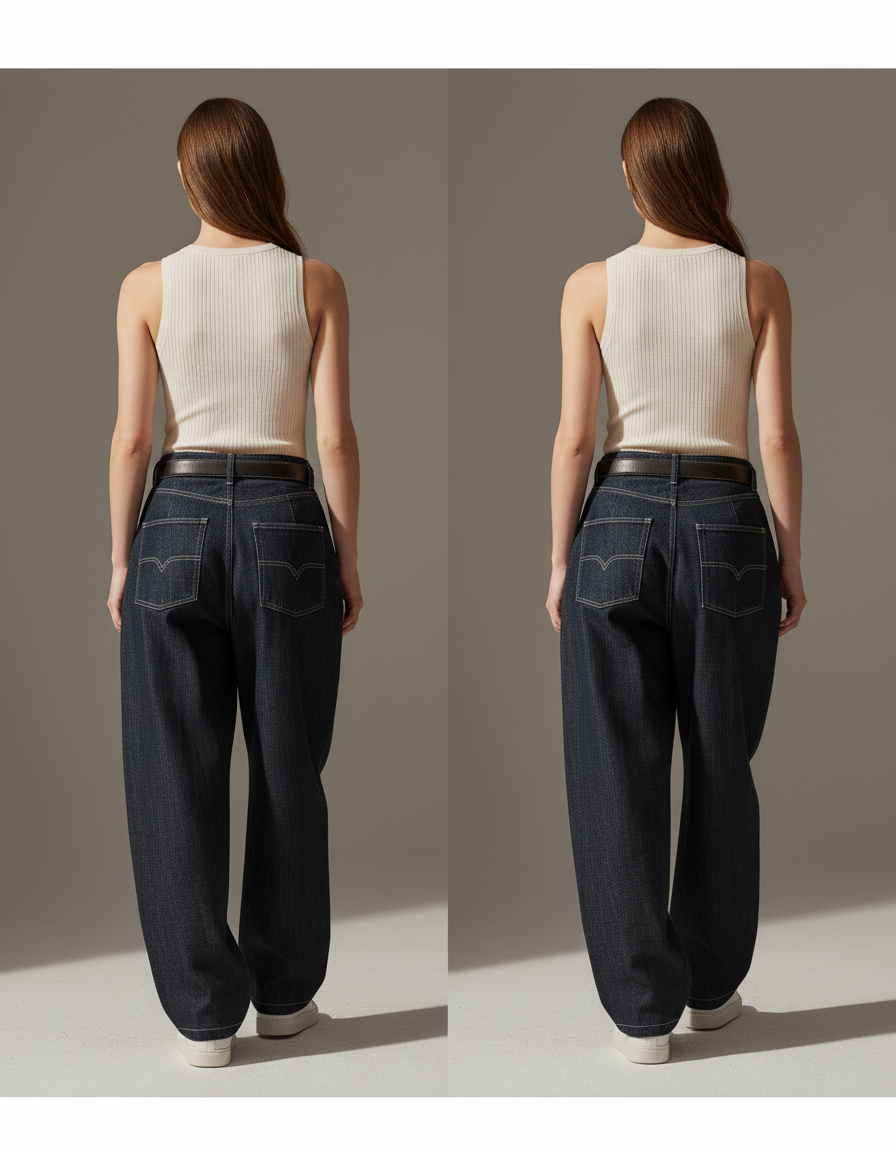 Pantalon Baggy Jean Denim Ample Taille Haute - Marine - vue 2