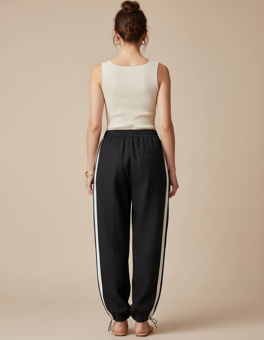 Pantalon Baggy Noir Rayures Blanches Ample Coton - Lin - vue 2