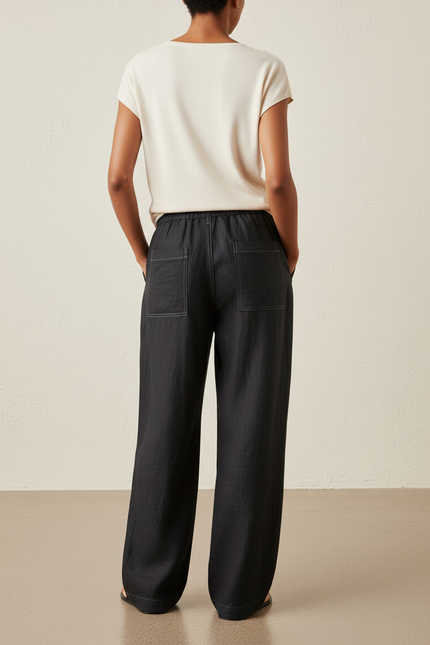Pantalon Baggy Noir Lin Fluide Taille Haute - vue 2