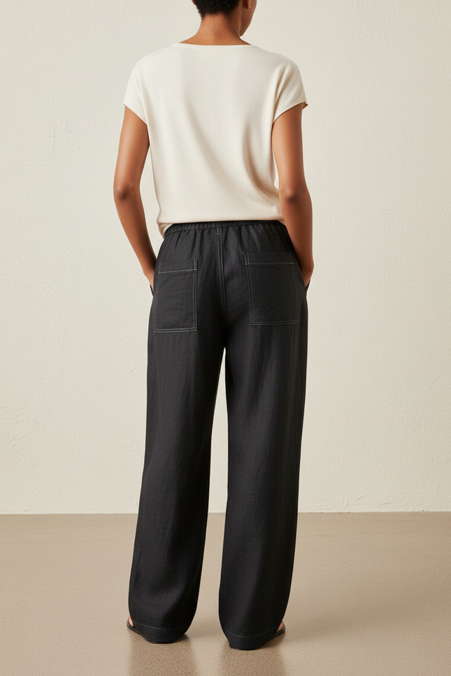 Pantalon Baggy Noir Lin Fluide Taille Haute - vue 2