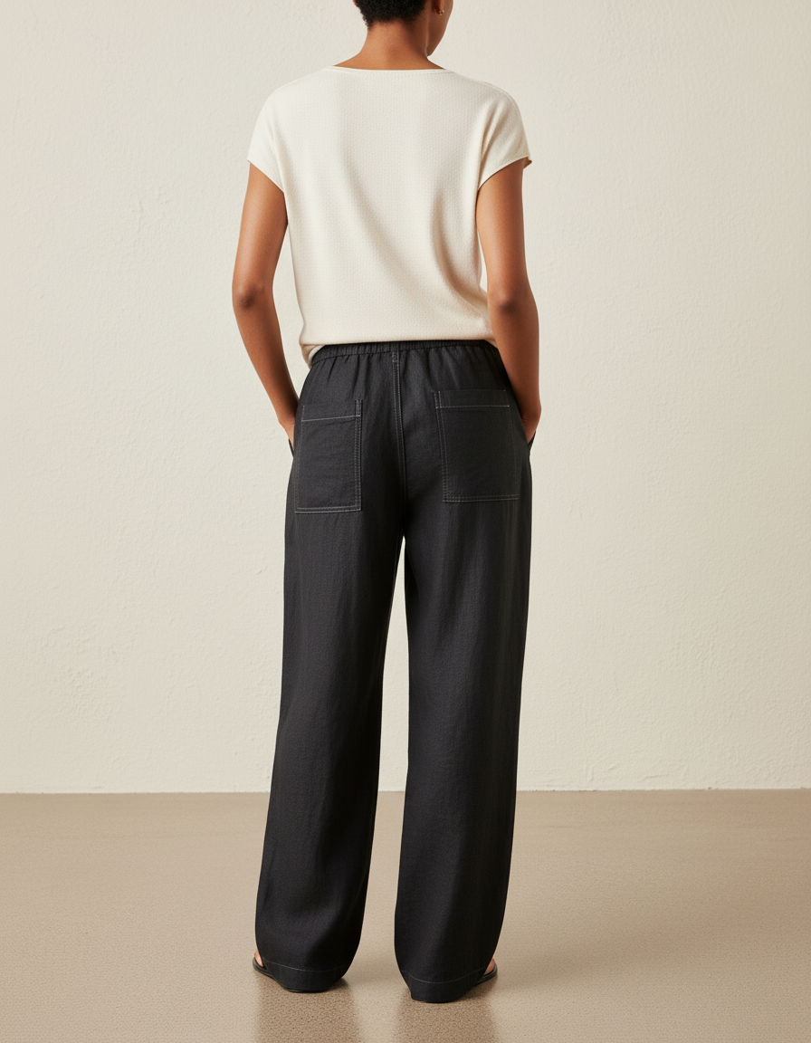 Pantalon Baggy Noir Lin Fluide Taille Haute - vue 2