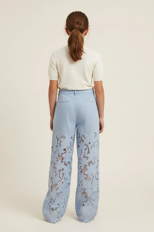 Pantalon Baggy Bleu Jean Ample Dentelle Floral Enfant - vue 2