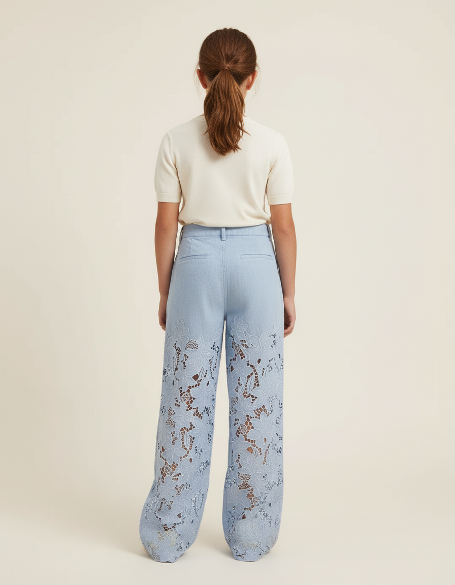 Pantalon Baggy Bleu Jean Ample Dentelle Floral Enfant - vue 2