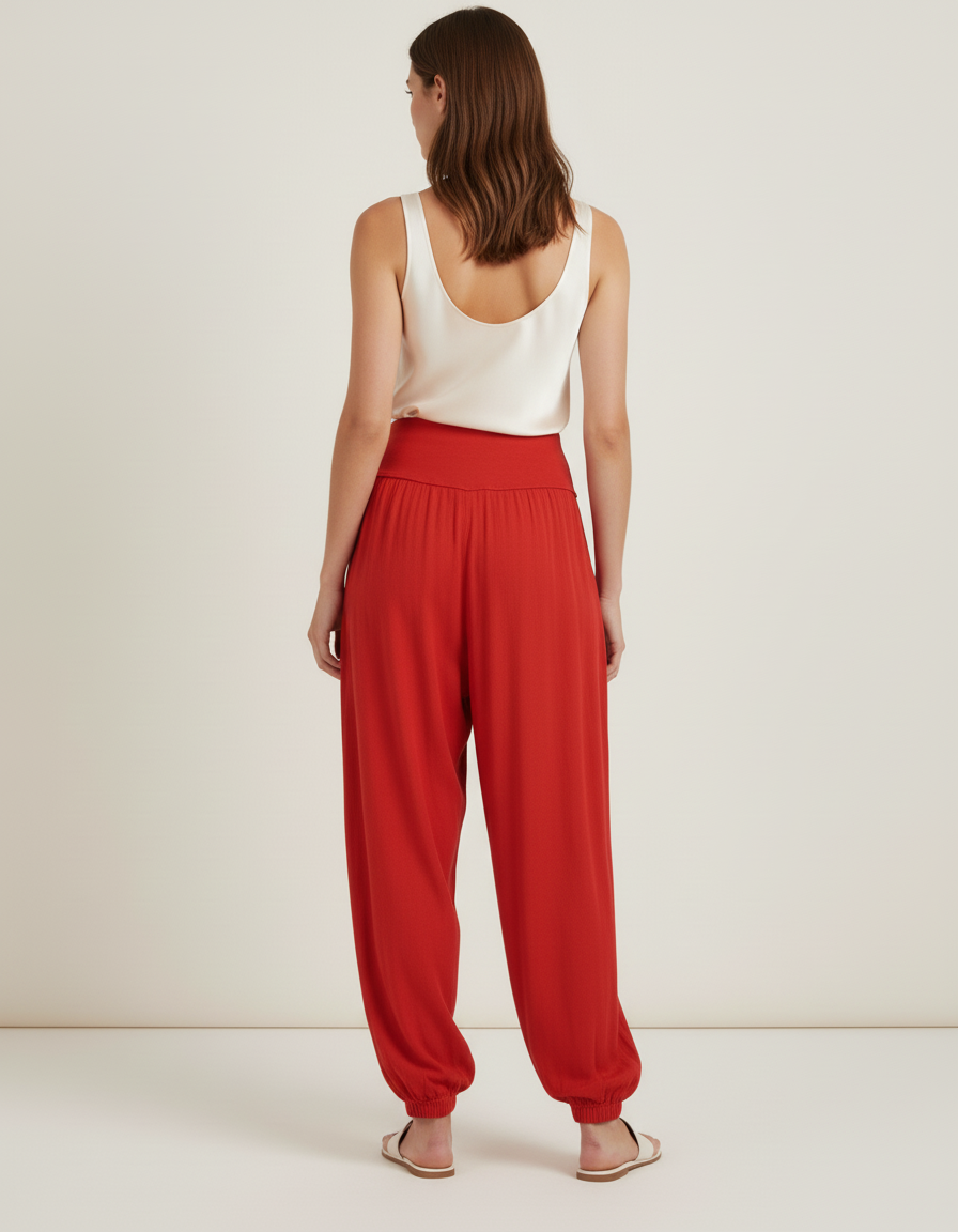 Pantalon Baggy Rouge Fluide Taille Haute Femme - Viscose - vue 2