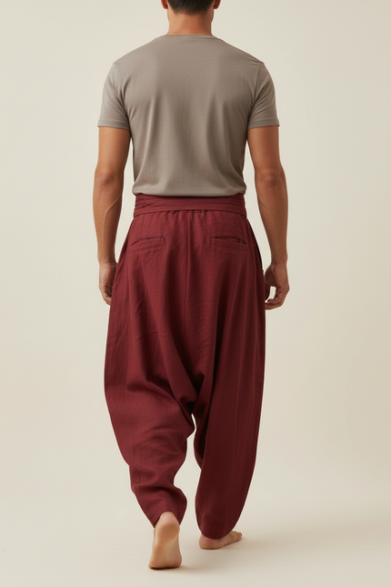 Pantalon Baggy Bordeaux Lin Ample Décontracté Homme - vue 2