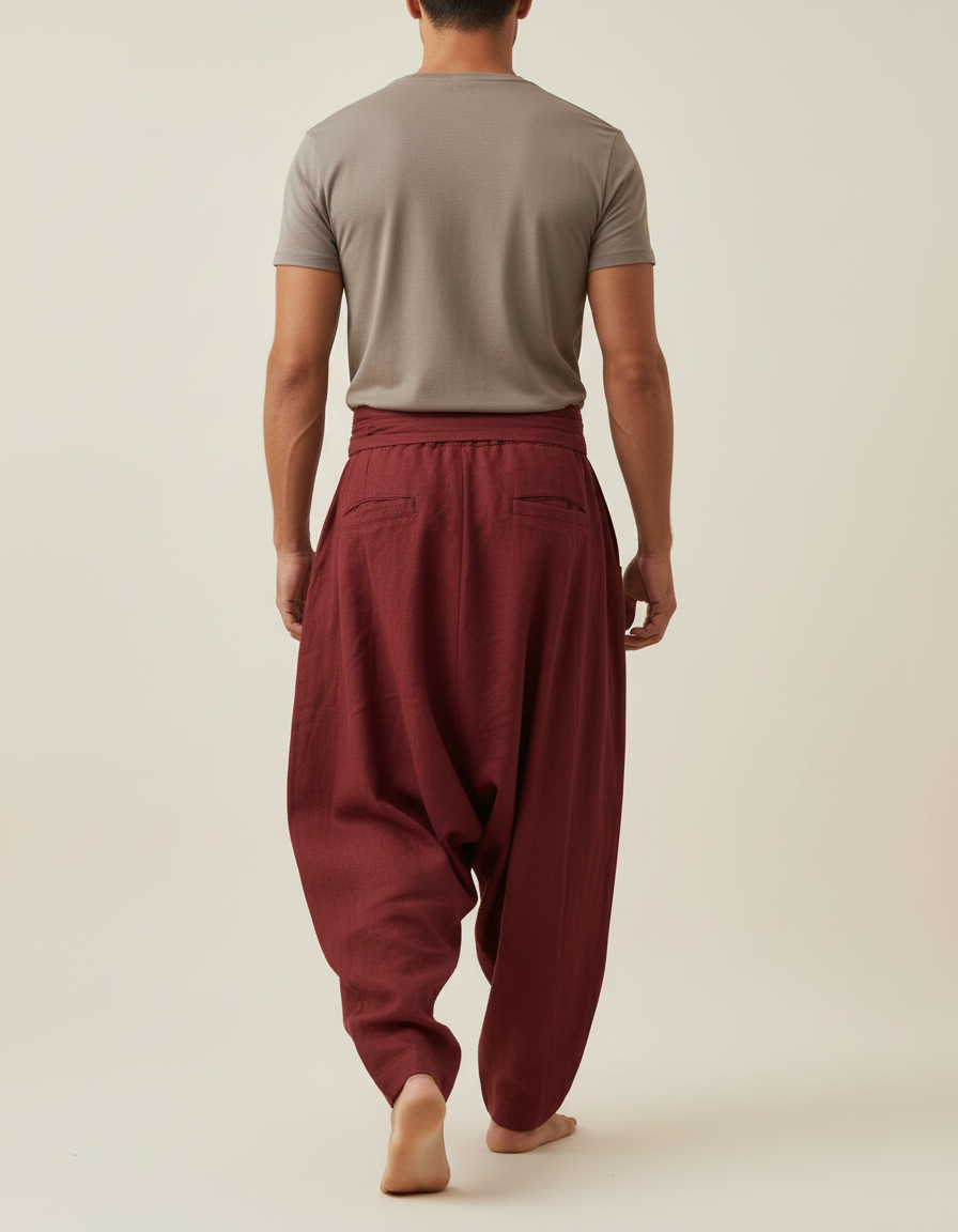Pantalon Baggy Bordeaux Lin Ample Décontracté Homme - vue 2