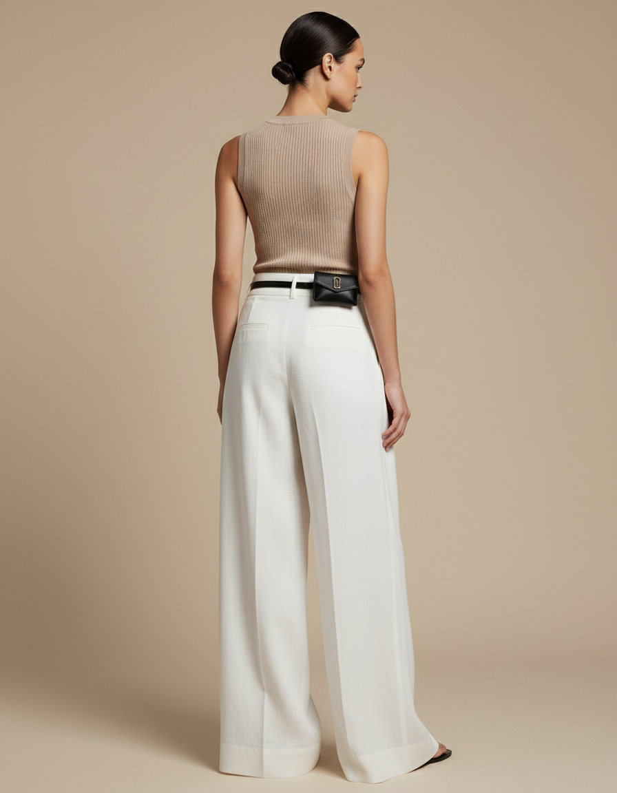 Pantalon Baggy Blanc Fluide Taille Haute Femme - Lin - vue 2