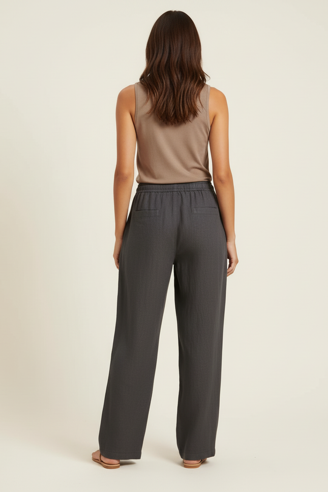 Pantalon Baggy Gris Coton Ample Cordon Femme - Lin - vue 2