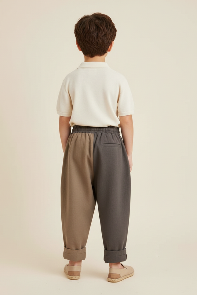 Pantalon Baggy Bicolore Ample Plissé Décontracté Enfant - Multicolore Lin - vue 2